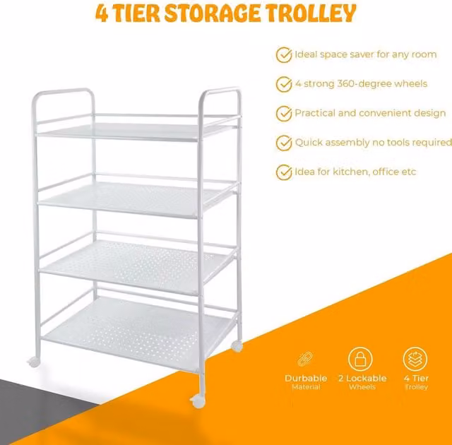 FLAVORA 4 Tier Rolling Multi-Tier Storage Trolley Cart in White, W/D/H: 50 x 50 x 102 cm
