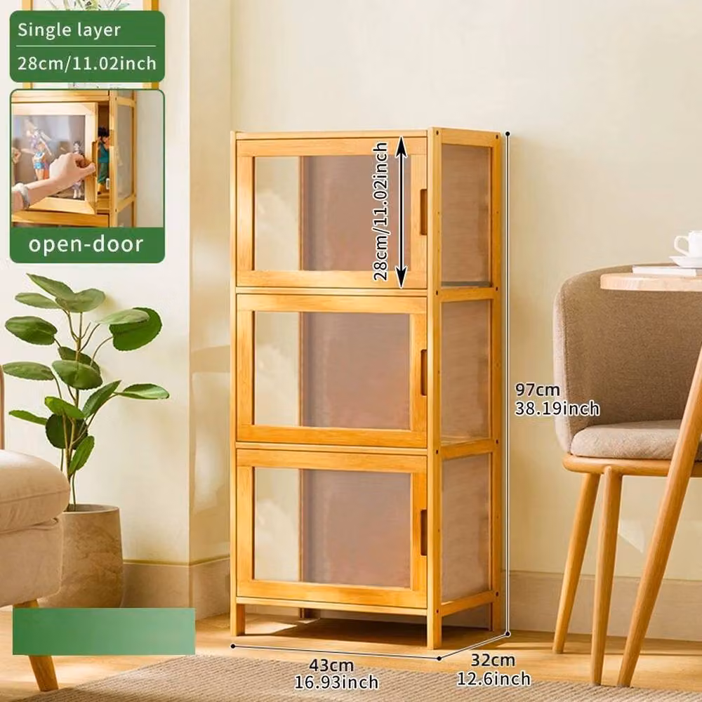 KORVIXA 3-Tier Bamboo Display Cabinet with Glass Doors in Brown – 2
