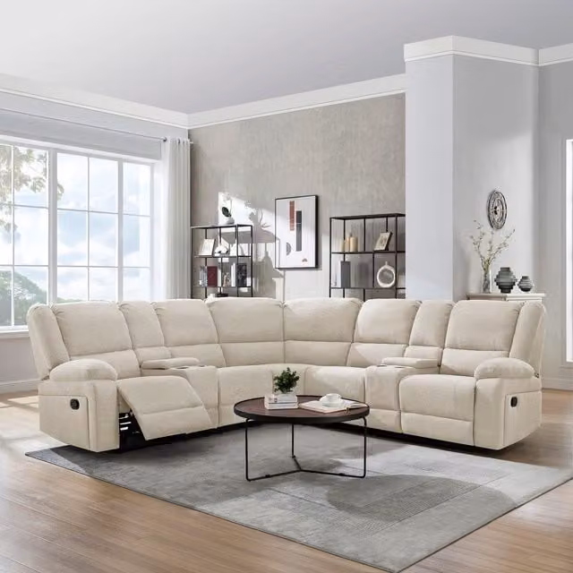 More4Homes Praga L-Shape Corner Fabric Recliner Sofa with Cup Holders in Beige