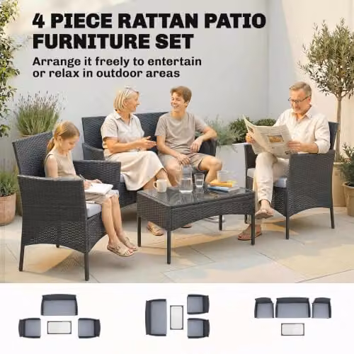 Outsunny 4 Seater Grey Rattan Garden Furniture Set with Metal Frame and Glass Table – 3