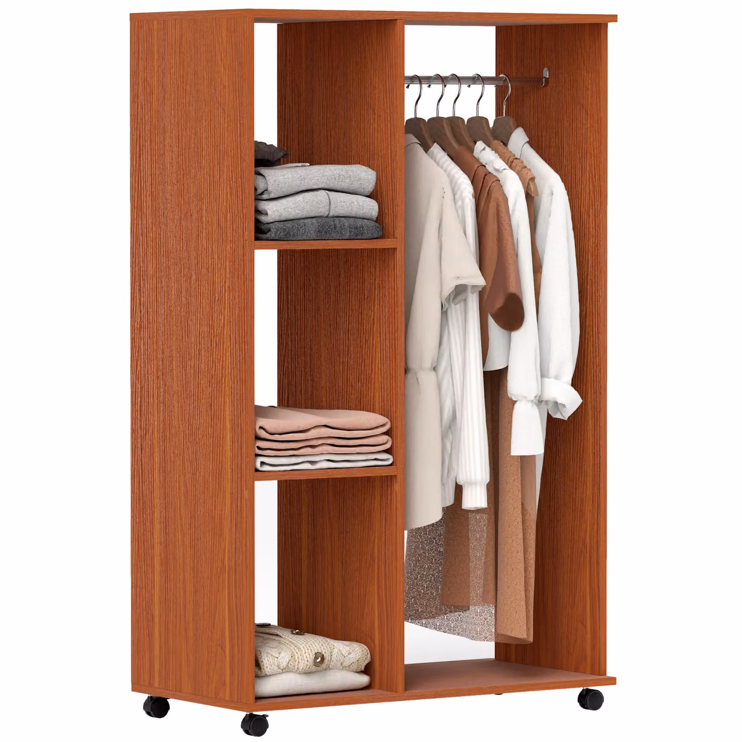 HOMCOM Rolling Open Wardrobe with Hanging Rail and Storage Shelves in Brown – 2