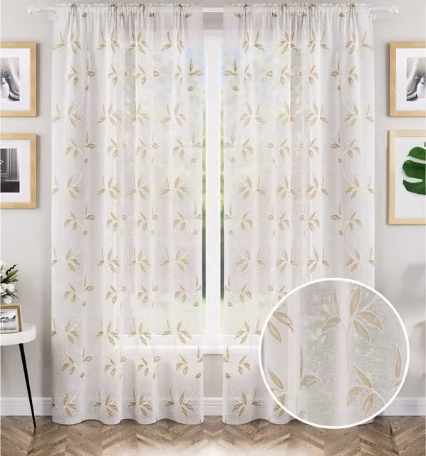 Tyrone Textiles Oasis Sheer Voile Floral Fabric Panels in Grey and Beige, Height: 229 cm