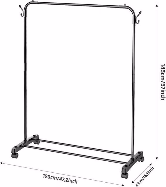 FORGEVIO Heavy Duty Metal Single Rail Clothes Garment Hanging Rail in Black – 1