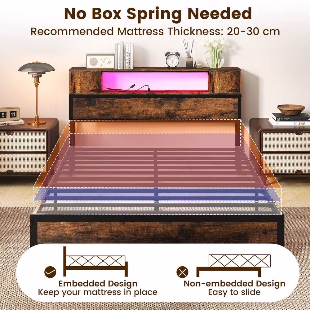 Costway Double Size Metal Platform Bed Frame in Brown with LED Lights, USB Charging Port and Side Compartments, W/D/H: 140 x 200 cm – 8