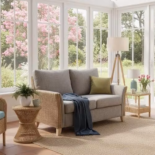 Desser Arlington Conservatory 2-Seater Rattan Sofa with Grey Fabric Cushions, H97 x W144 x D88 cm – 2