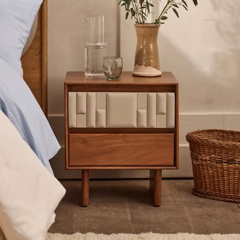 Atkin and Thyme Lisbon Bedside Table in Almond White and Brown Acacia Wood