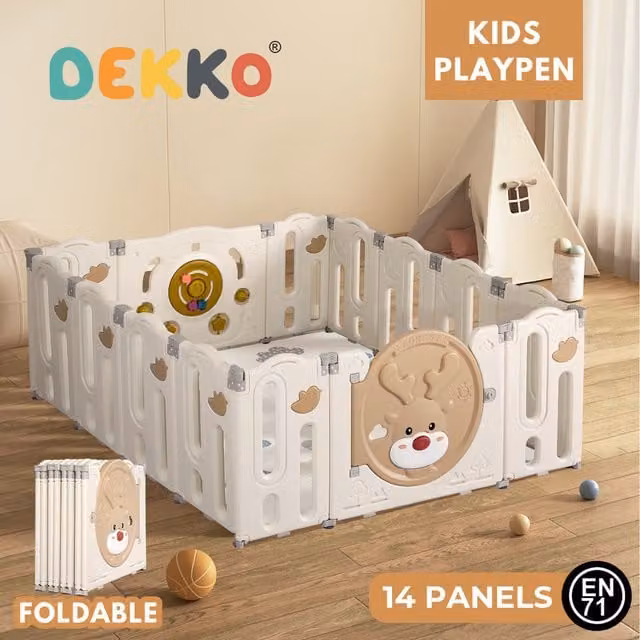 Dekko Foldable Rectangular Baby Playpen in White and Brown, W/D/H: 152 x 152 x 63 cm
