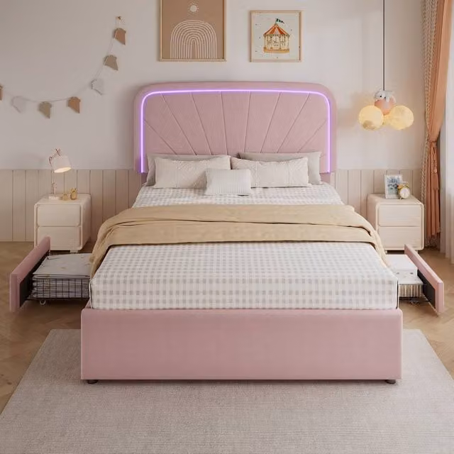 Merax Double Velvet Upholstered Bed Frame with 2 Storage Drawers, Pink, W: 140 cm, D: 190 cm, H: 115 cm
