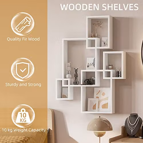 HOMCOM White Interlocking Cube Floating Shelves, Wall Mounted Modern Wood Decoration – 3