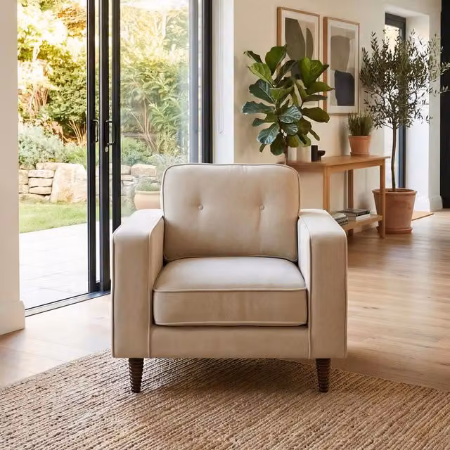 Furniturebox UK Jasper Linen-Look Fabric Armchair in Beige and Green with Solid Wood Frame