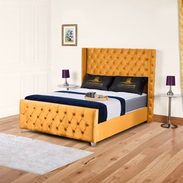 UK Bed Furniture Windsor Wingback Upholstered Velvet Slatted Bed in Yellow, W/D/H: 90 x 190 cm – 1