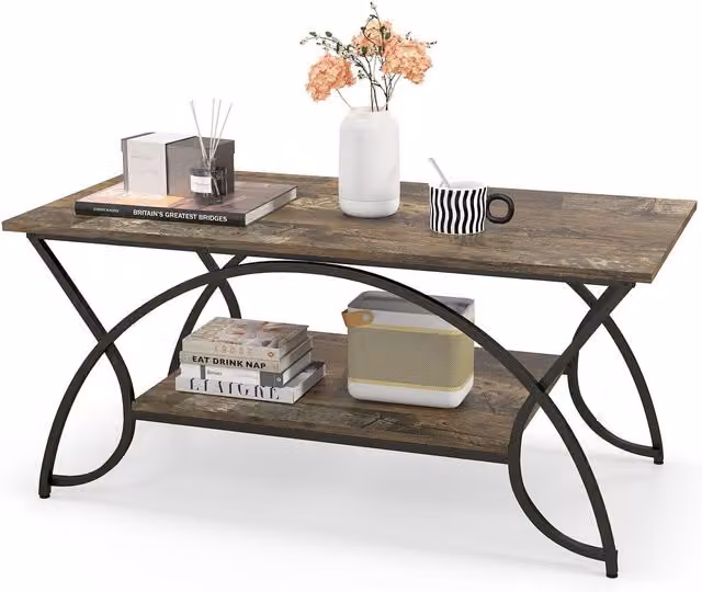 COSTWAY Modern Marble and Metal Cocktail Center Table with Storage Shelf in Brown, White and Gold