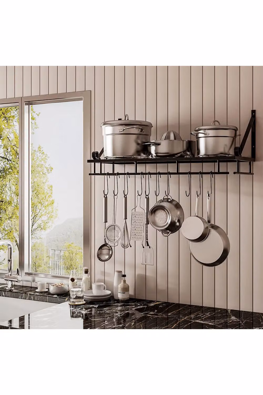 Living and Home Triangle Metal Wall Mounted Saucepan and Pot Rack with Shelf and 10 Hooks, Black, Width: 60 cm – 2