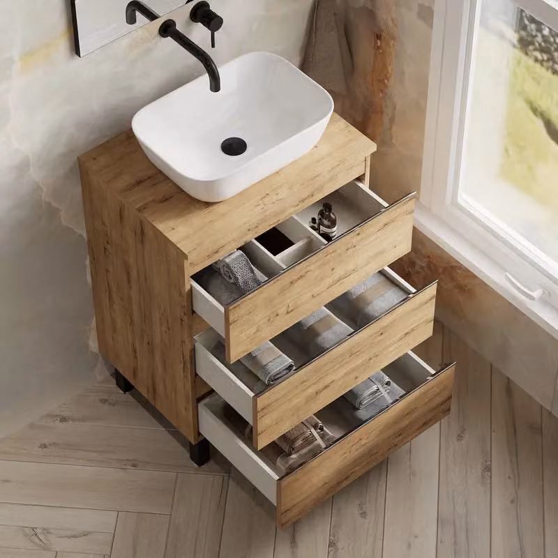 Banyetti Vatilla 600mm Floorstanding Bathroom Vanity with Matching Worktop in Ostippo Light Oak (W: 60 cm, D: 45 cm, H: 84 cm) – 3