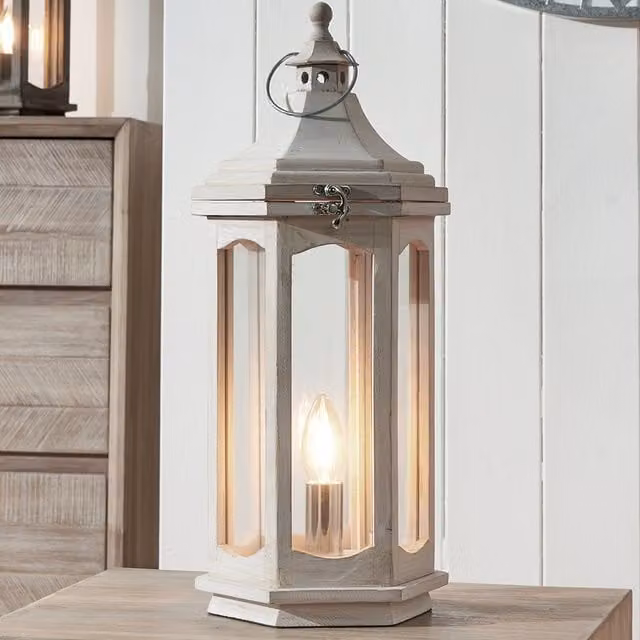 Pacific Lifestyle Shabby Chic Wood Lantern Tabletop Lamp in White and Silver