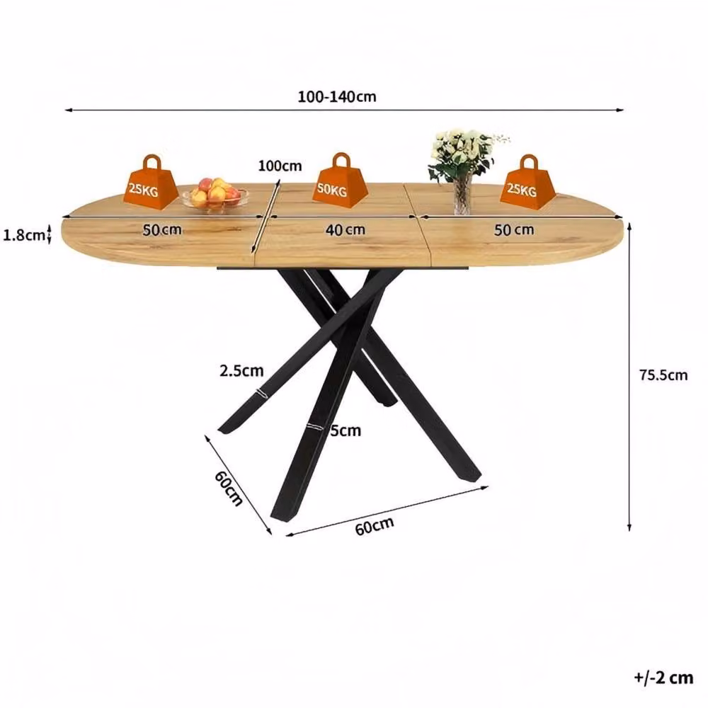 Merax Modern Extending Dining Table, Round to Oval, Natural MDF and Metal Frame, W/D/H: 100 x 100 x 75.5 cm (Extends to 140 cm) – 2