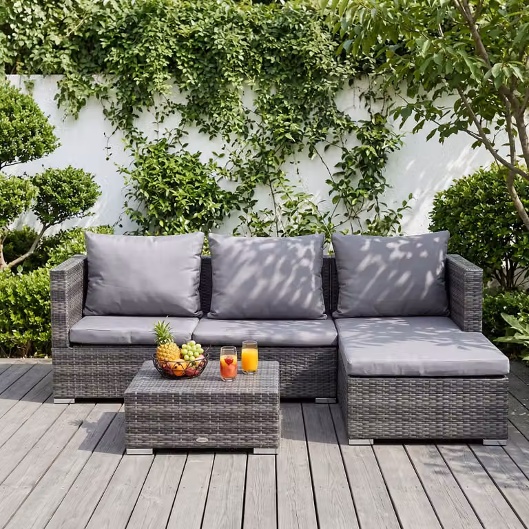 Outsunny 4-Seater Grey PE Rattan Garden Furniture Set with Upholstered Cushions and Coffee Table