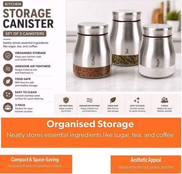 ATEK Set of 3 Glass Kitchen Storage Canisters with Silver Screw Lids for Tea, Coffee and Sugar, Transparent and White – 5