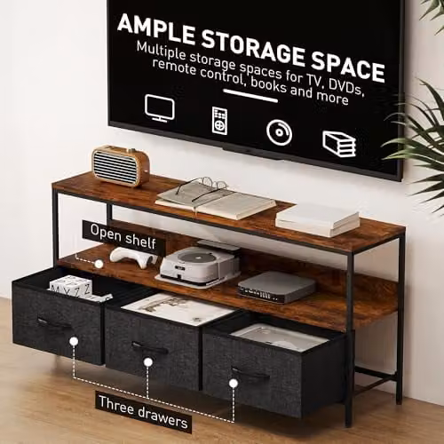 HOMCOM Industrial TV Cabinet in Brown with 3 Foldable Linen Drawers, W/D/H: 120 x 29 x 56 cm – 4