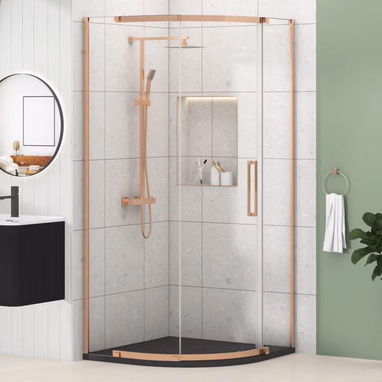 Royal Bathrooms Chelsea Single Door Quadrant Shower Enclosure with Black Mineral Cast Stone Tray and 8mm Easy Clean Glass, Brushed Bronze, W: 90 cm, H: 195 cm