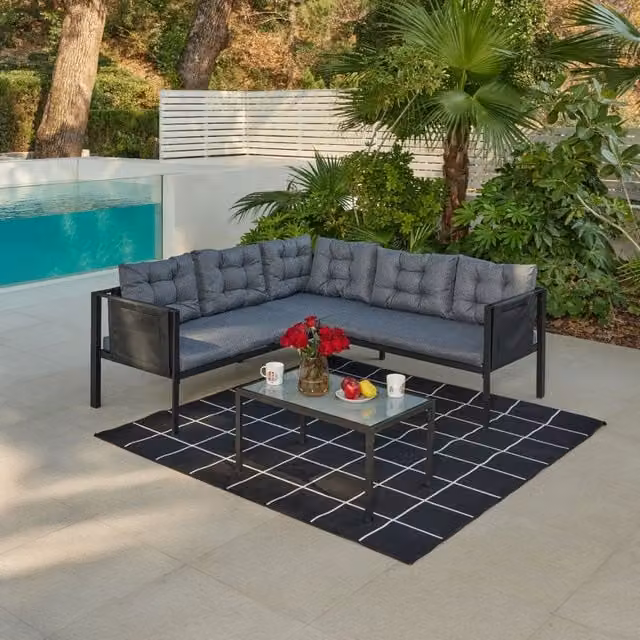 Home Detail Tara Black L-Shape Garden Sofa Set with Grey Cushions, W/D/H: 191.5 x 191.5 x 66 cm – 1