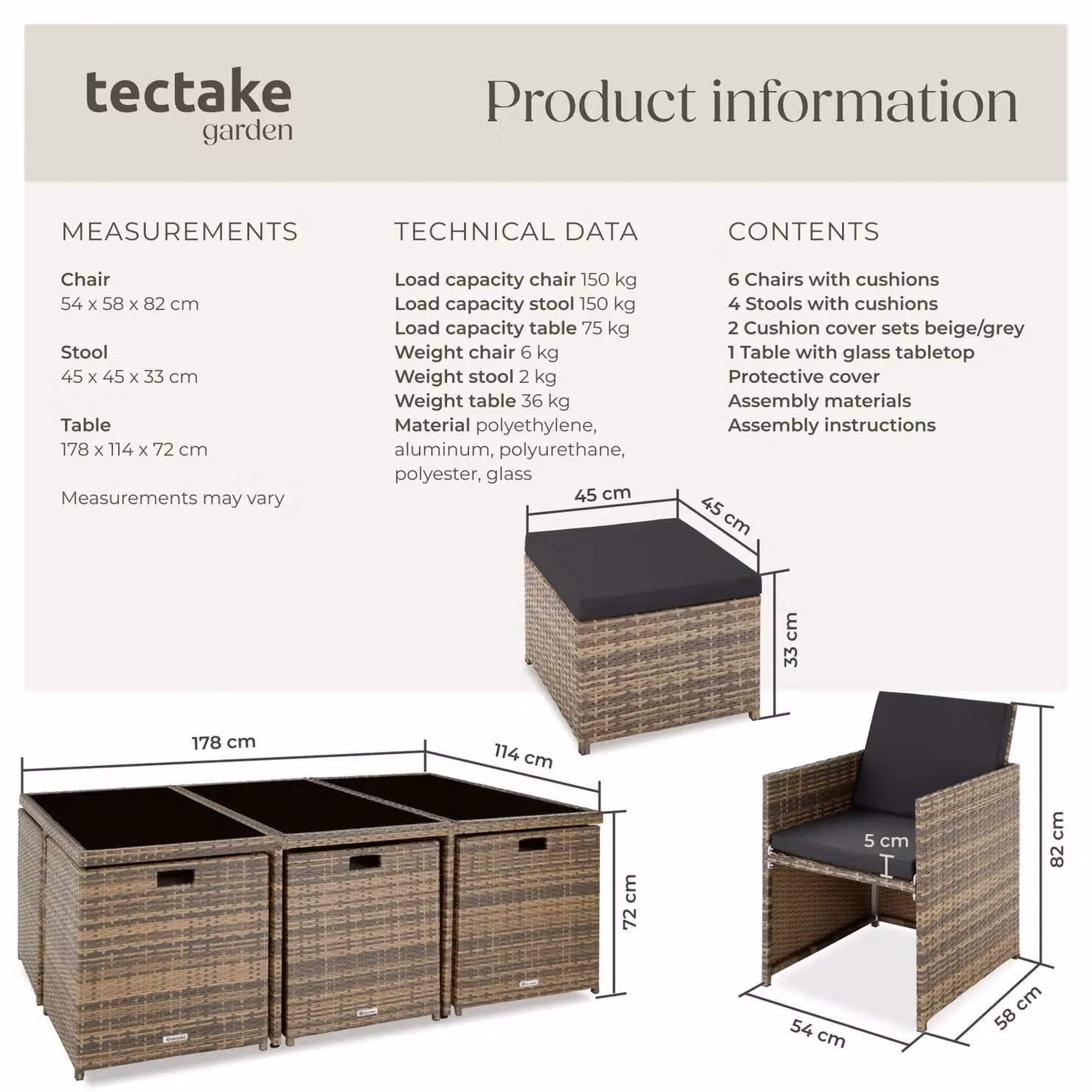 tectake New York Garden Table and Chairs Set in Natural Rattan with Grey, Beige and Brown Accents – 4