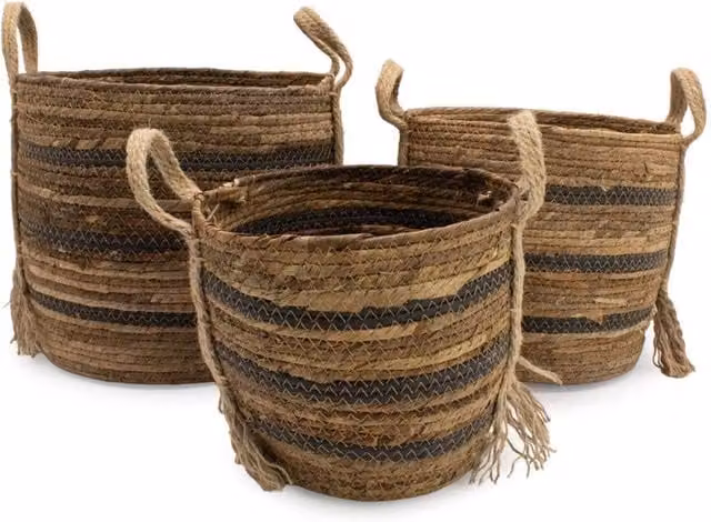 KDMD Set of 3 Brown Seagrass Open Weave Storage Baskets with Handles