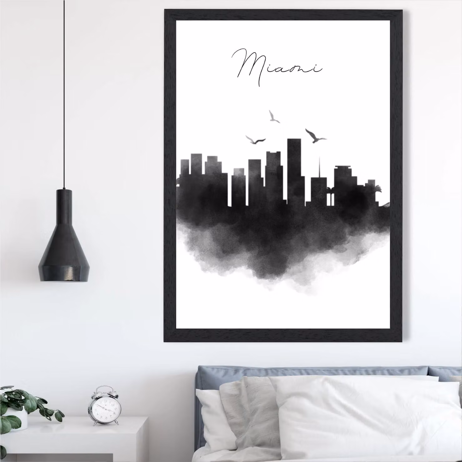 ARTZE Miami Watercolour Skyline City Framed Print in Black – 2