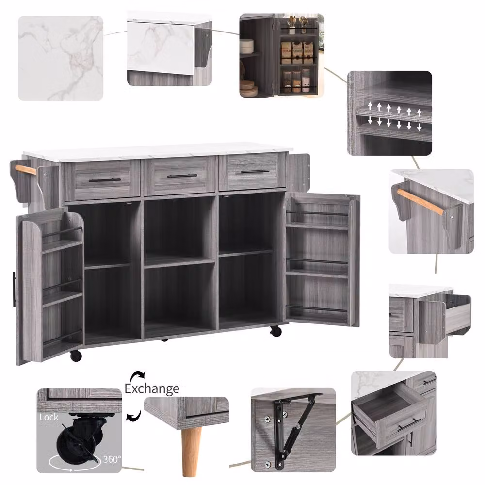 Merax Kitchen Island Trolley with Foldable Worktop and Storage Cabinet in Grey – 6