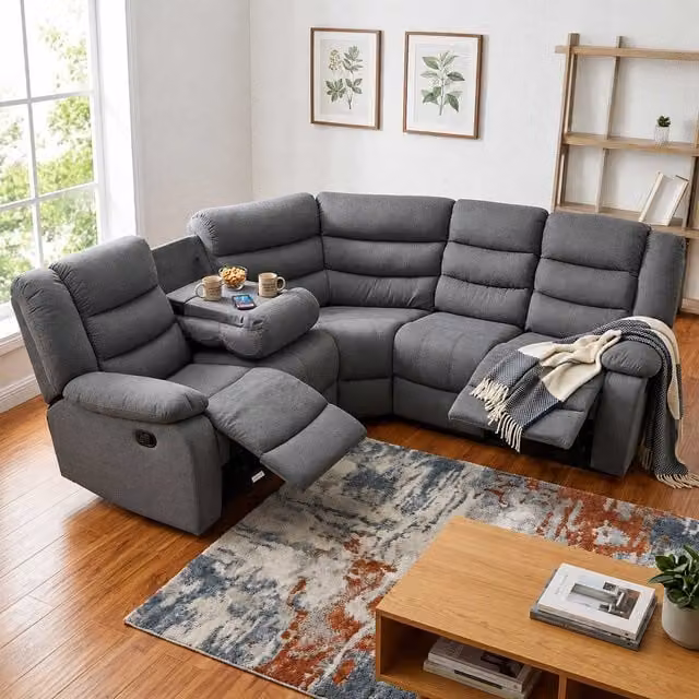 Furnishings For Less UK Manhattan Grey Fabric 5 Seater L-Shape Reclining Corner Sofa with Manual Recliners and Cup Holders