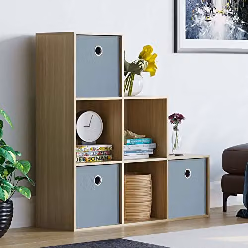 Vida Designs Durham Staircase Bookcase with 6 Cubes and 3 Grey Baskets, Oak – 1