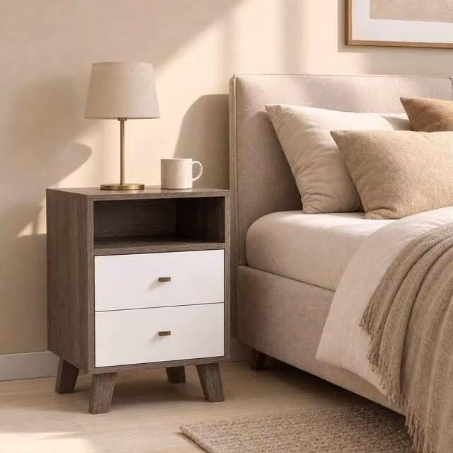 STILVORA Grey Bedside Table with 2 Drawers and Shelf