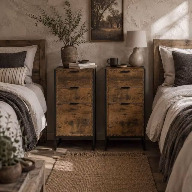 Wyld Haus Naba Set of 2 Industrial 3 Drawer Bedside Tables in Brown – 1