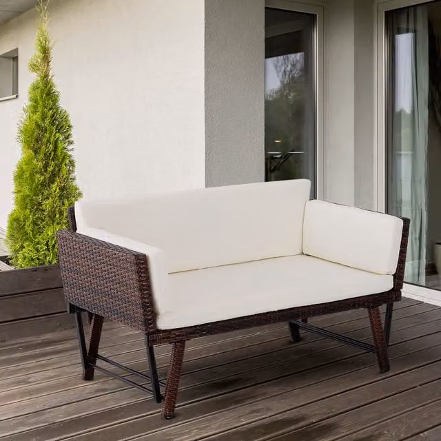Outsunny Brown Wicker Convertible Sofa Bed with Rattan Chaise