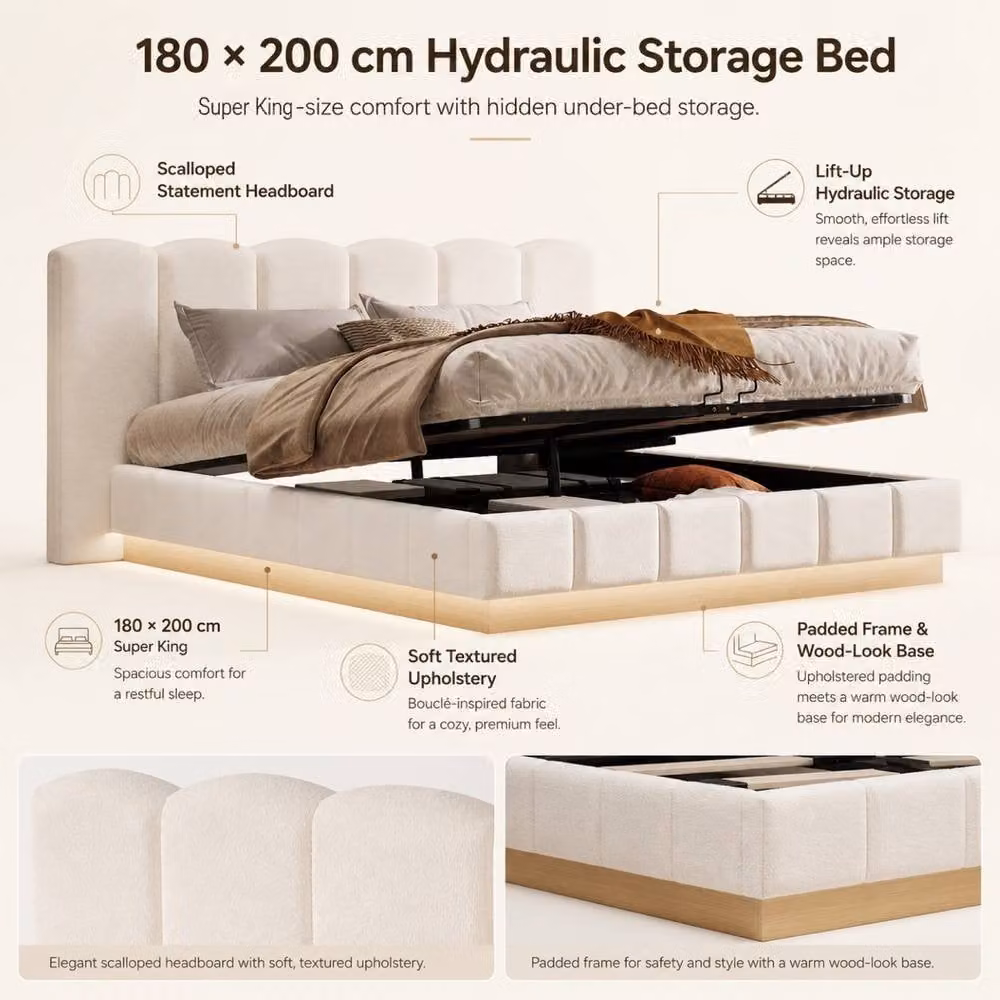 Rolipo Super King Ottoman Storage Bed in Beige Bouclé with Hydraulic Lift, W/D/H: 180 x 200 cm – 3