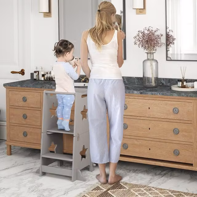 AIYAPLAY 2-in-1 Toddler Step Stool with Safety Rail in Grey