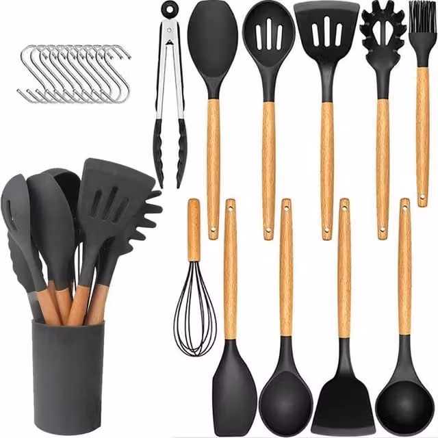 KORVIXA 22-Piece Black Kitchen Utensil Set with Heat Resistant Wood and Silicone Materials – 1