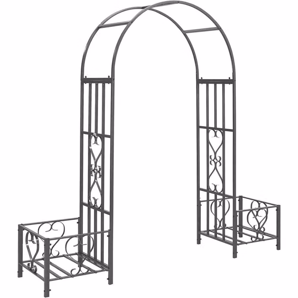 NESTLUNE Black Metal Garden Patio Arch with Planters and Trellis Rose Arbour – 2