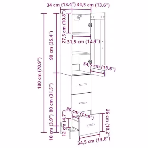 vidaXL Modern Black Highboard with 3 Drawers and Internal Shelves, W/D/H: 34.0 x 31.2 x 180.0 cm – 3
