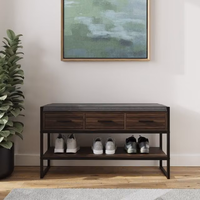 GFW Quinn Industrial Shoe Bench with Storage in Brown and Black
