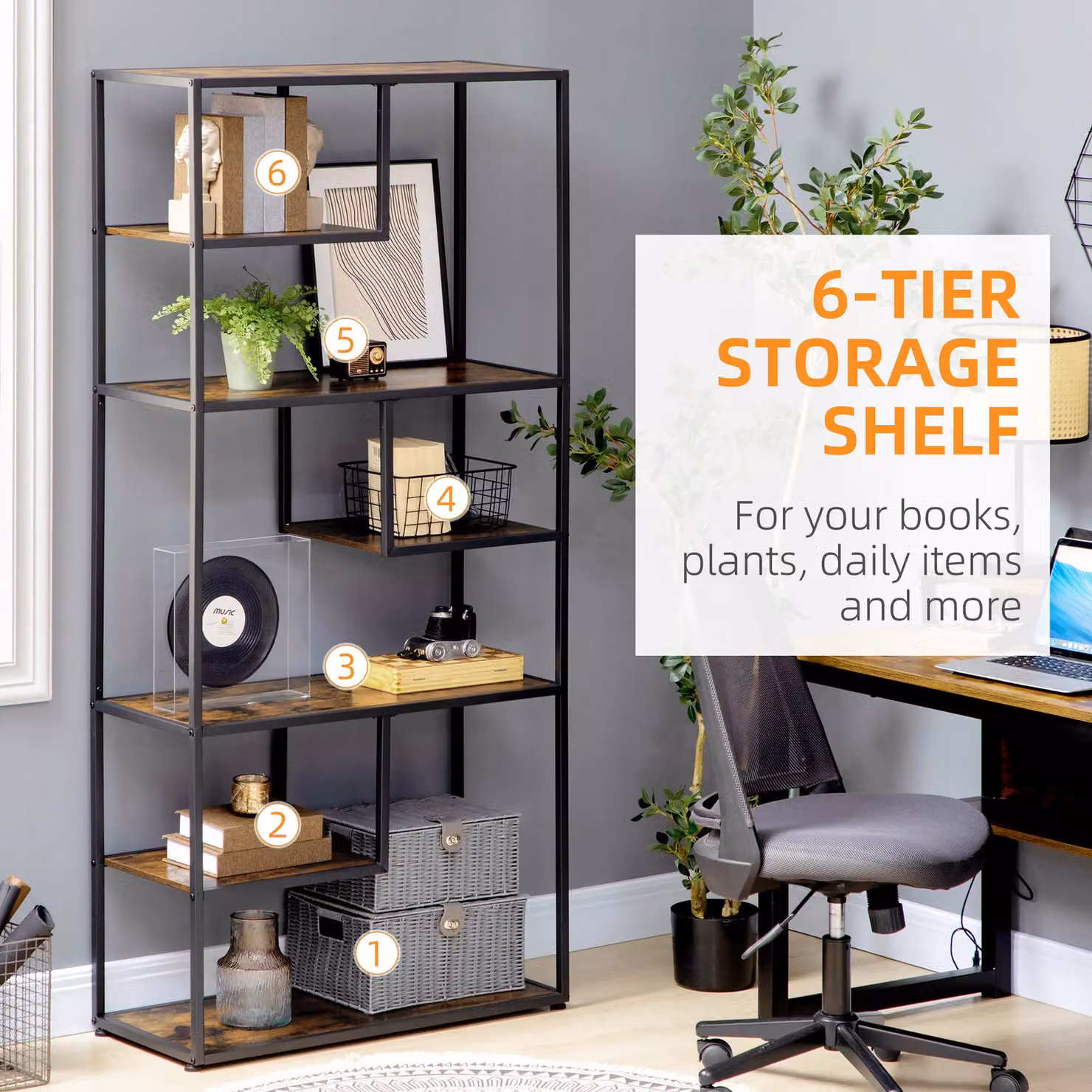 HOMCOM 7 Tier Industrial Ladder Bookshelf and Display Rack in Brown and Black – 3