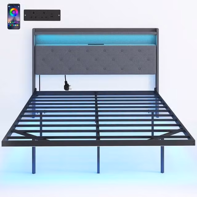 HOMCOM Upholstered Floating Double Bed Frame in Grey with RGB LED Lights, USB Charging Port and Side Compartments, W/D/H: 140 x 200 cm – 1