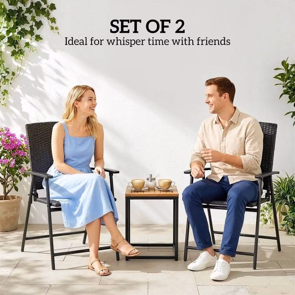 FLAVORA Set of 2 Black Foldable Rattan Chairs for Garden, Balcony or Terrace – 3
