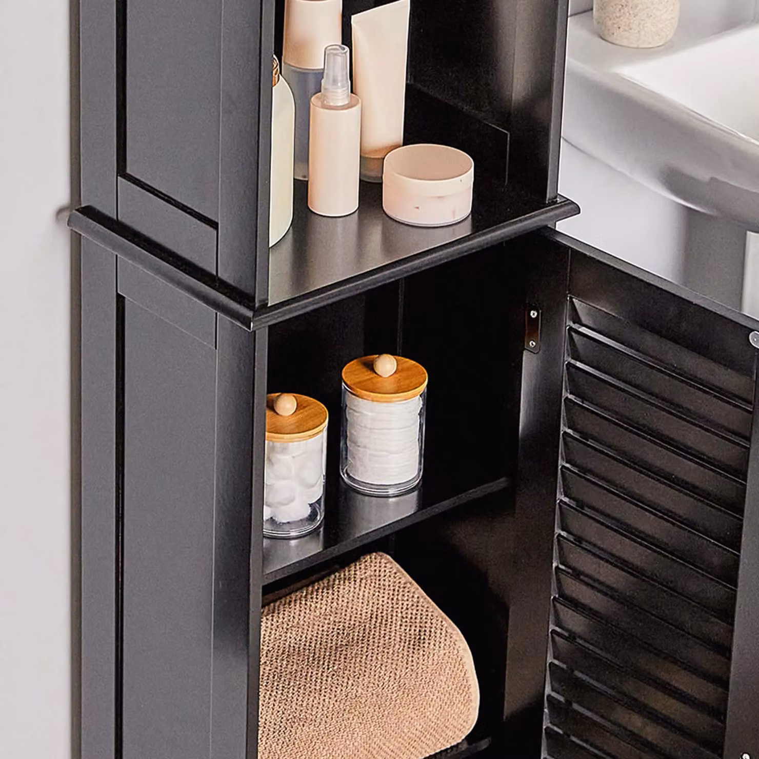 VonHaus Freestanding Tall Bathroom Cabinet in Black with Internal Shelves, H 165 x W 34 x D 23 cm – 5