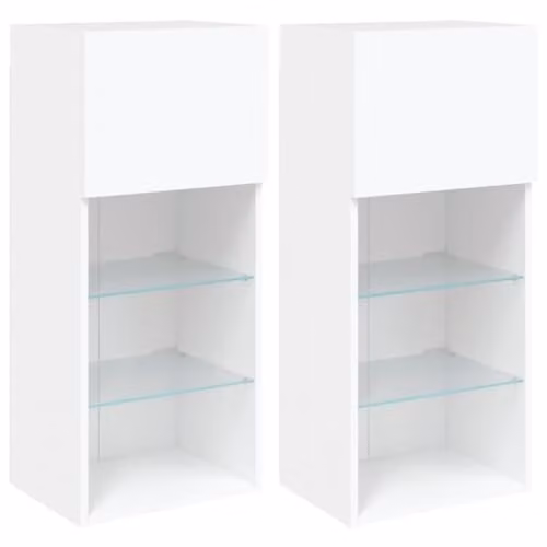 vidaXL Set of 2 Modern Wall Mounted TV Cabinets in White with Glass and Wood Details, W/D/H: 90.0 x 40.5 x 30.0 cm – 1