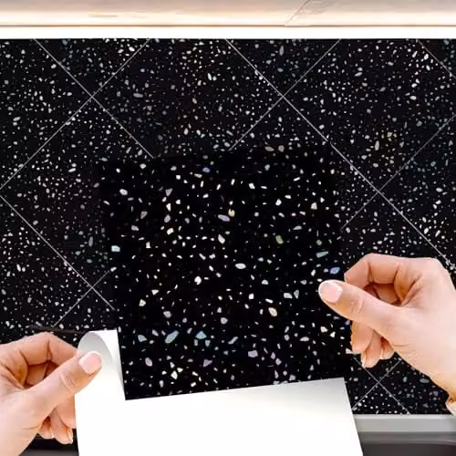 WALPLUS Terrazzo Holographic Glitter Black Self Adhesive Wall Tile Stickers, 24 Pack, W/D/H: 15 x 15 x 0.54 cm