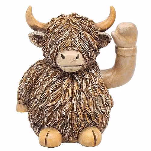 Garden Greatness Waving Highland Cow Ceramic Ornament, Brown and Multicolour, H 25.0 cm x W 10.0 cm x D 10.0 cm