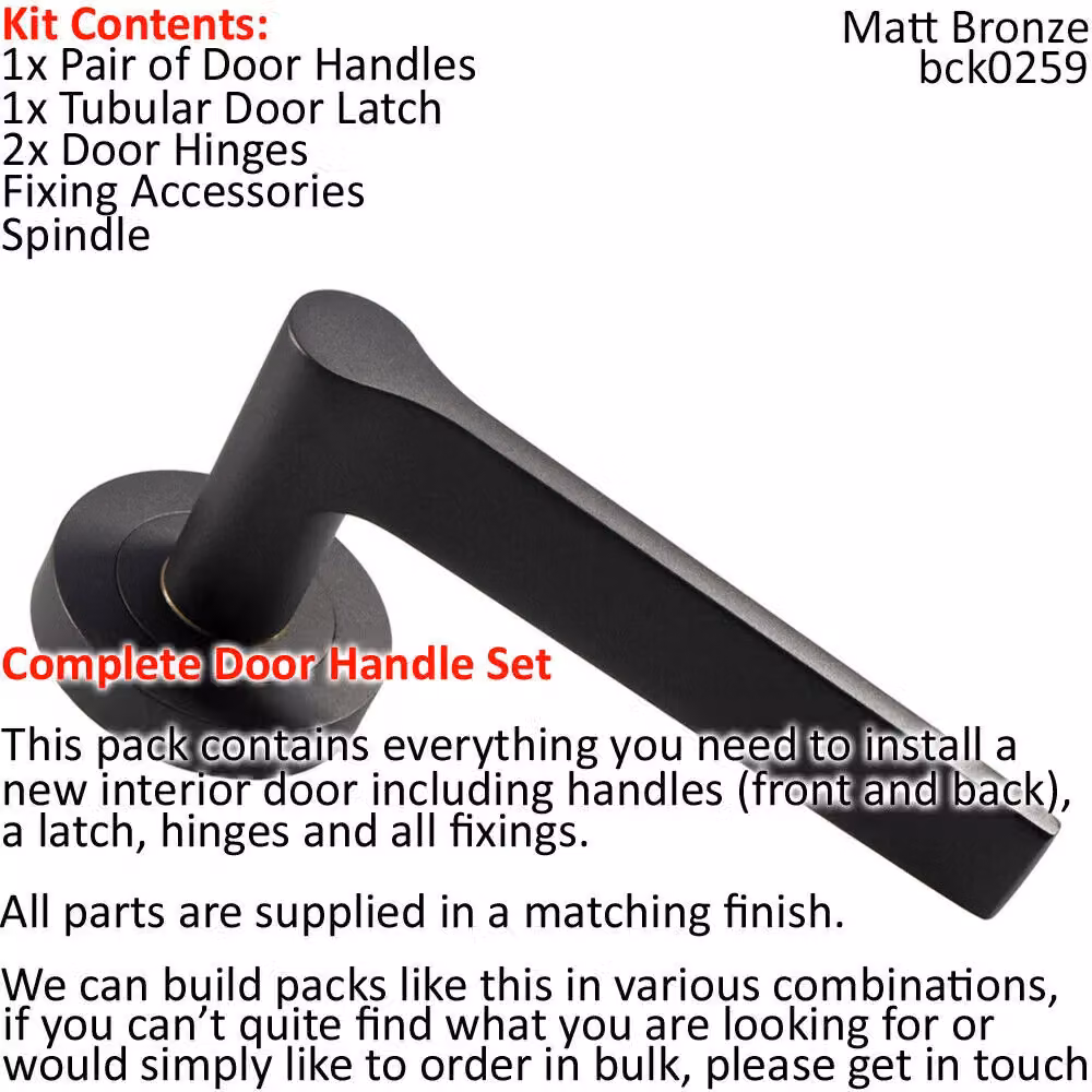 Loops Matt Bronze Slim Rounded Lever Door Handle and Latch Pack with Screwless Round Rose – 2