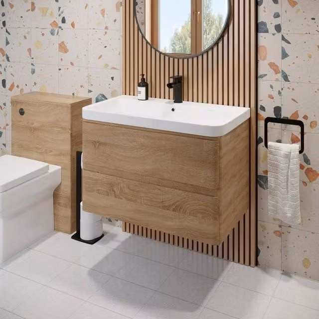 NESTLUNE Modern Wood Wall Mounted Bathroom Vanity Unit and Basin in Natural Brown and Beige