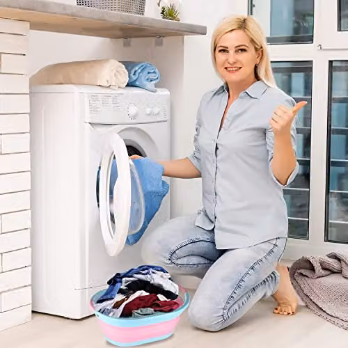 Neel Blue Collapsible Oval Foldable Laundry Basket with Handles, 24L, Pink – 3